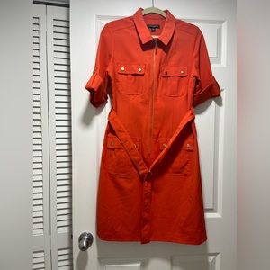 - Sharagano stretch spring orange dress, size 10, pockets, zipper and belt